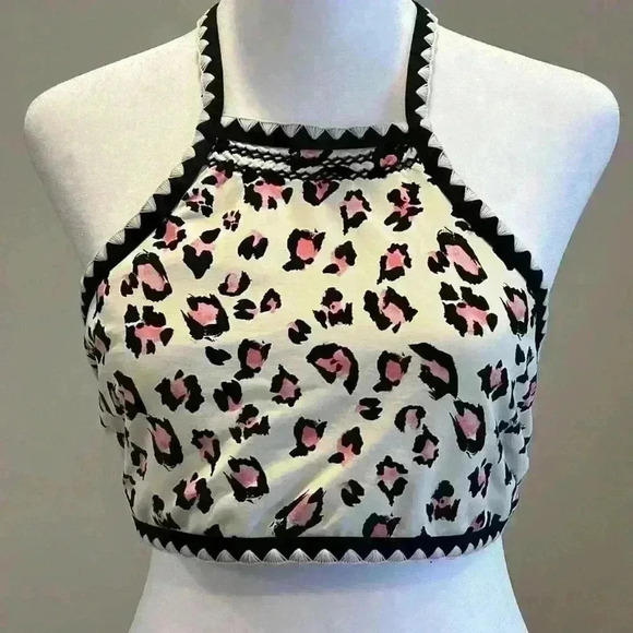 ✨Gianni Bini Leopard print swim halter top with black trim size large - Picture 1 of 6